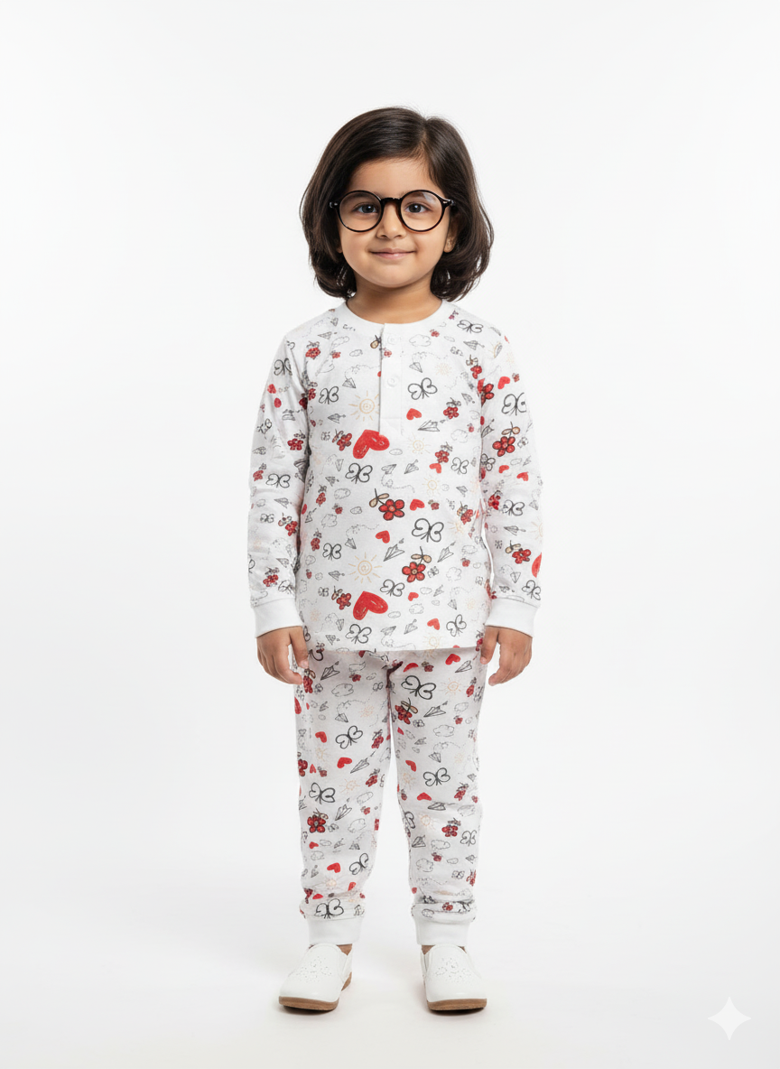 White Pajama Set - Butterfly & Hearts Design