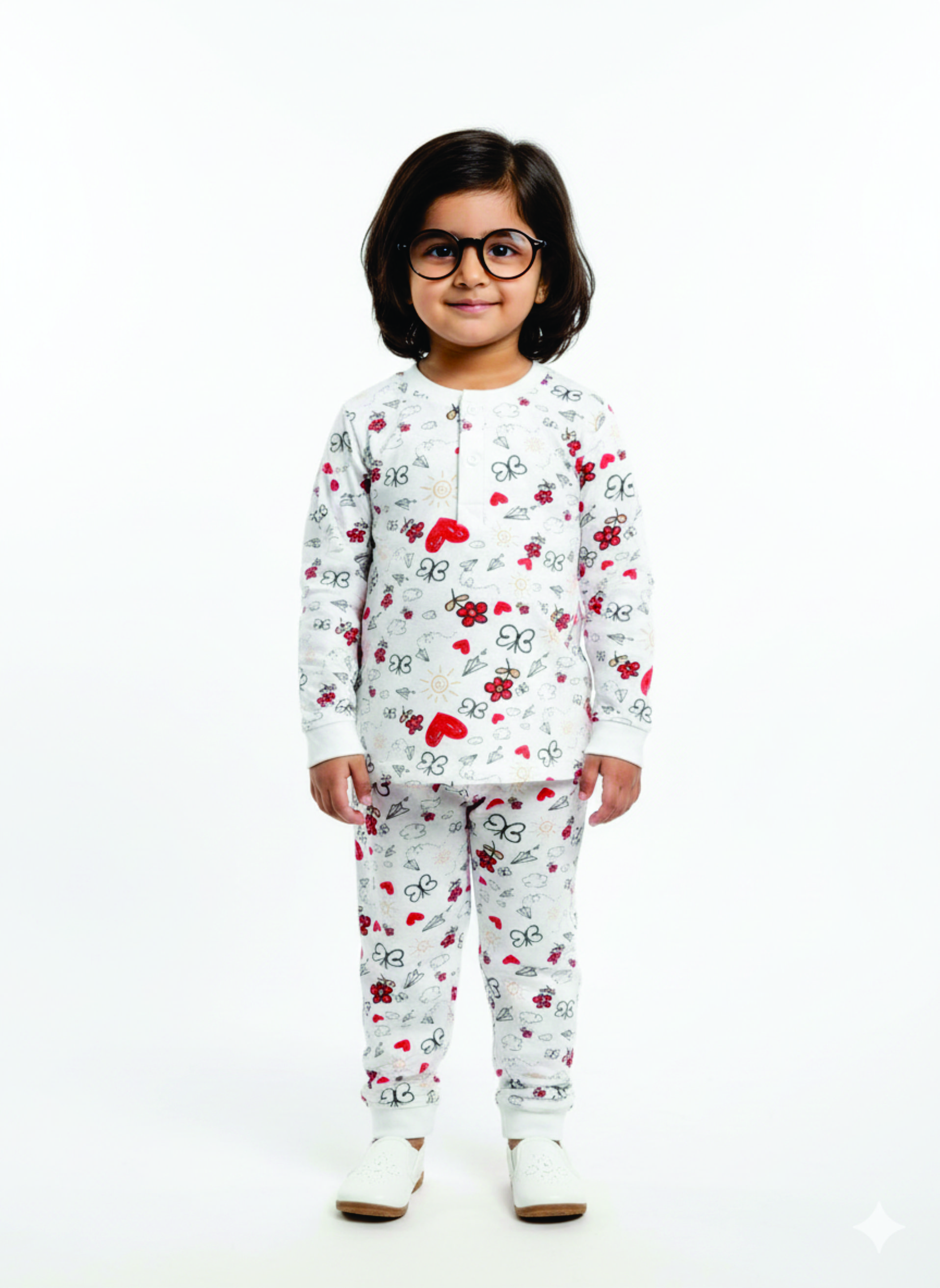White Pajama Set - Butterfly & Hearts Design